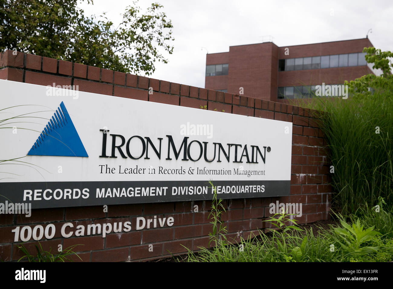 A logo sign outside the headquarters of the Iron Mountain Records Management Division in Collegeville, Pennsylvania. Stock Photo