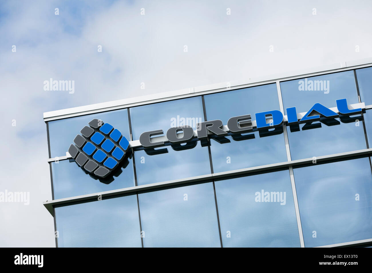 A logo sign outside the headquarters of CoreDial in Blue Bell, Pennsylvania. Stock Photo