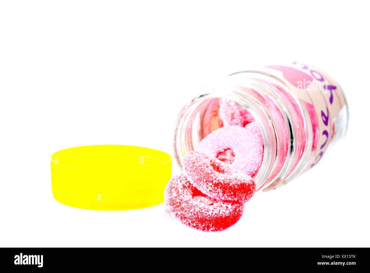 Small jar with the words 'I Love You' filled with ring candies Stock Photo