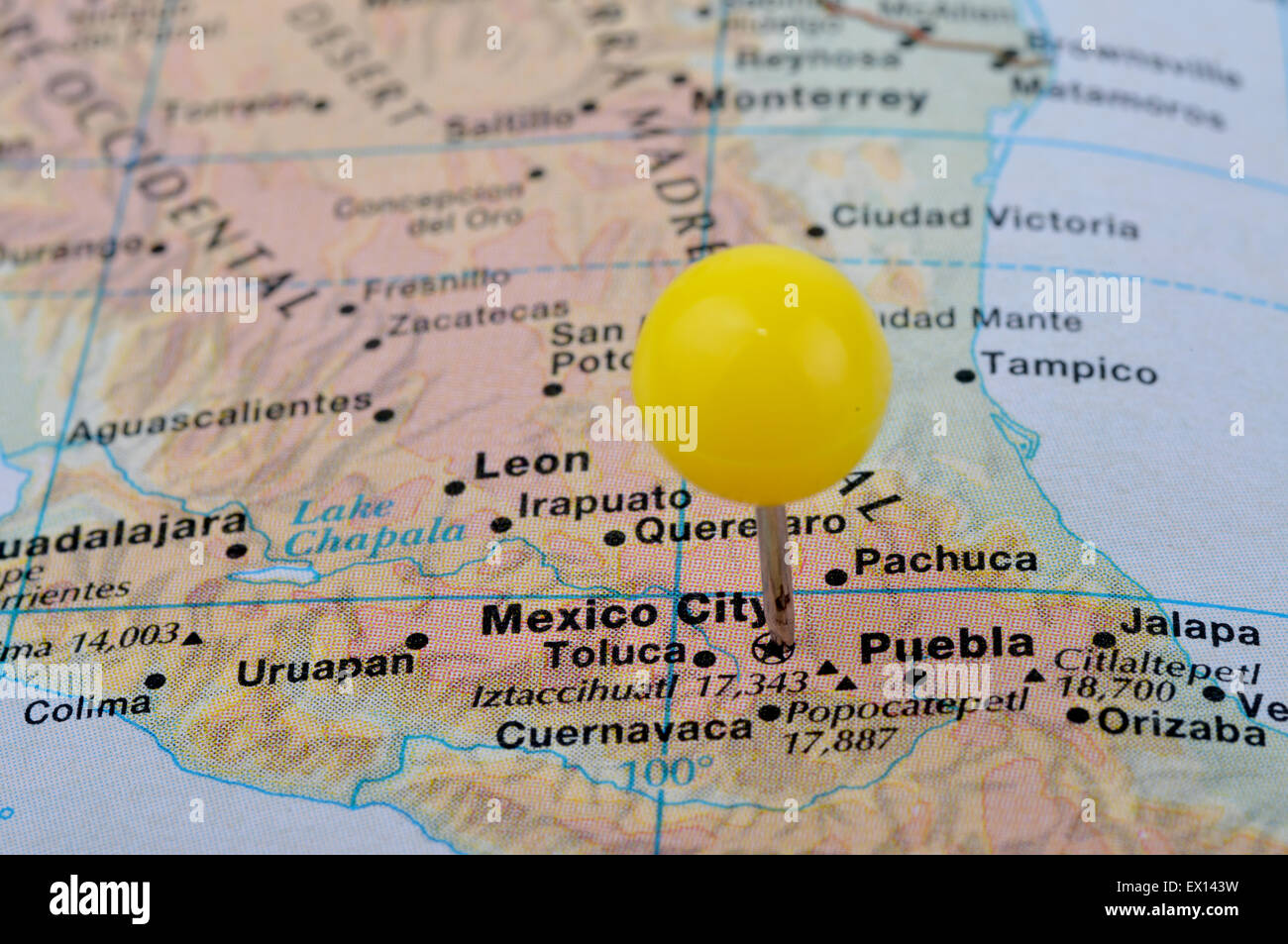 Macro shot of a map showing Mexico City Stock Photo