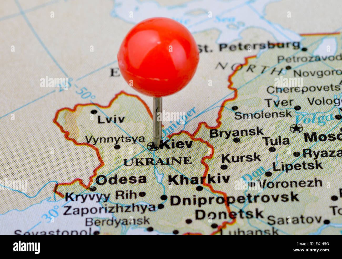 Macro shot of a map showing the city of Kiev the capital of Ukraine Stock Photo