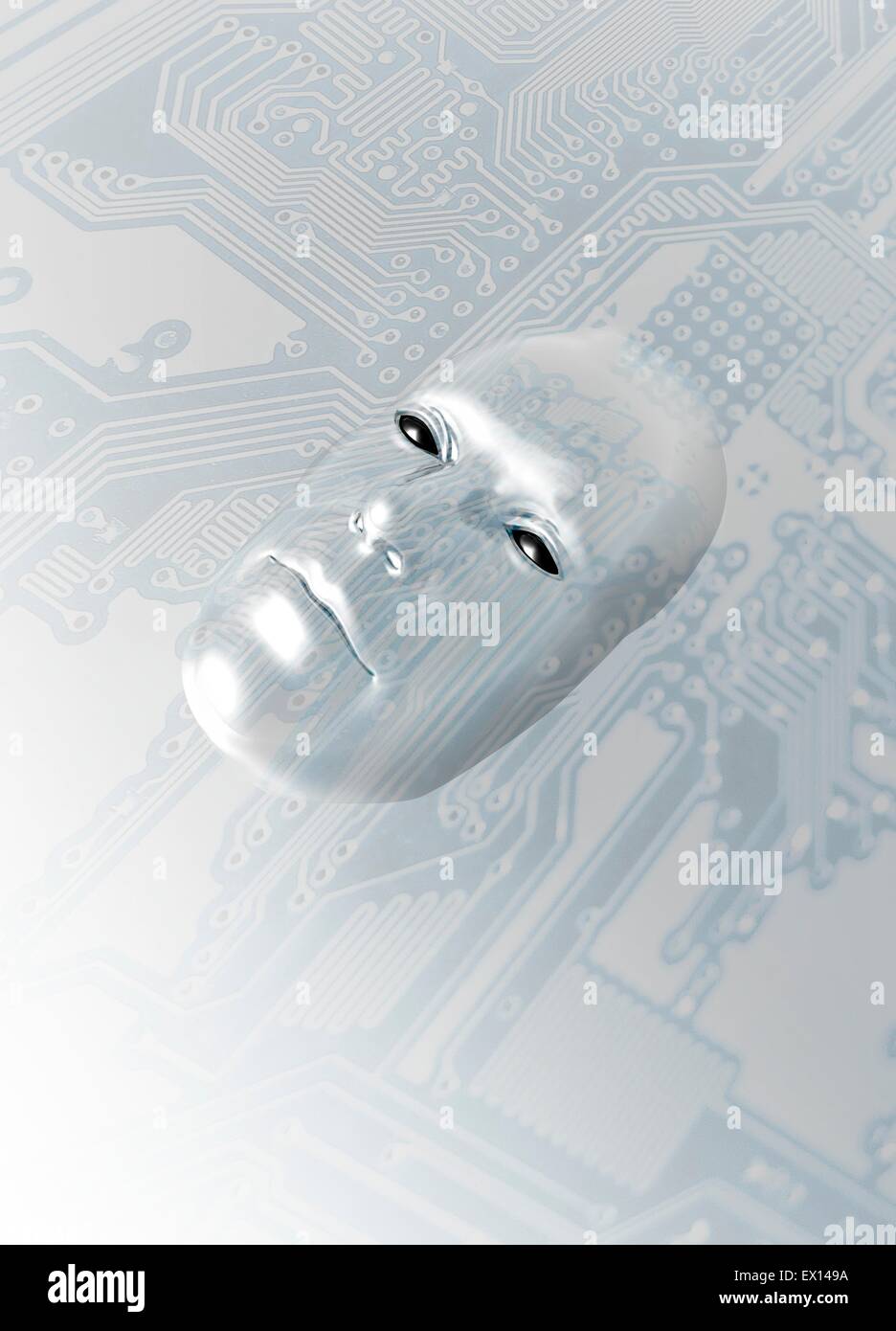 Computer circuit board and a human face, conceptual illustration. Stock Photo