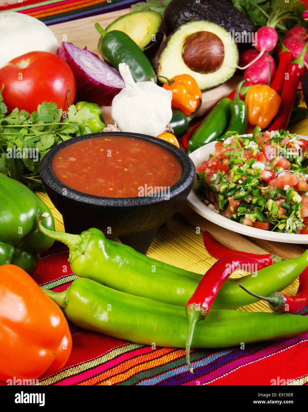 Stock image of traditional mexican food salsas and ingredients Stock Photo