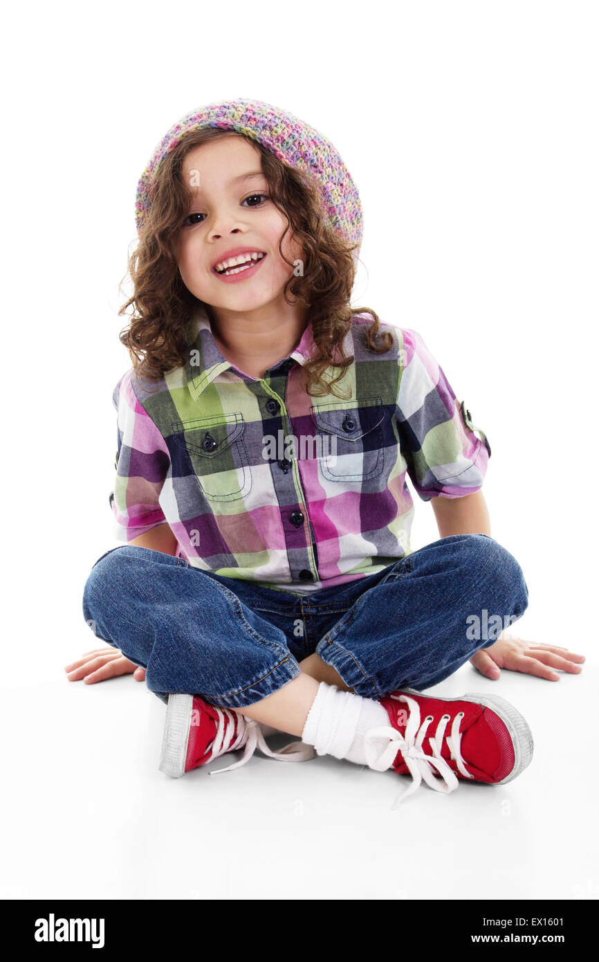 Stock image of happy little girl over white background Stock Photo - Alamy