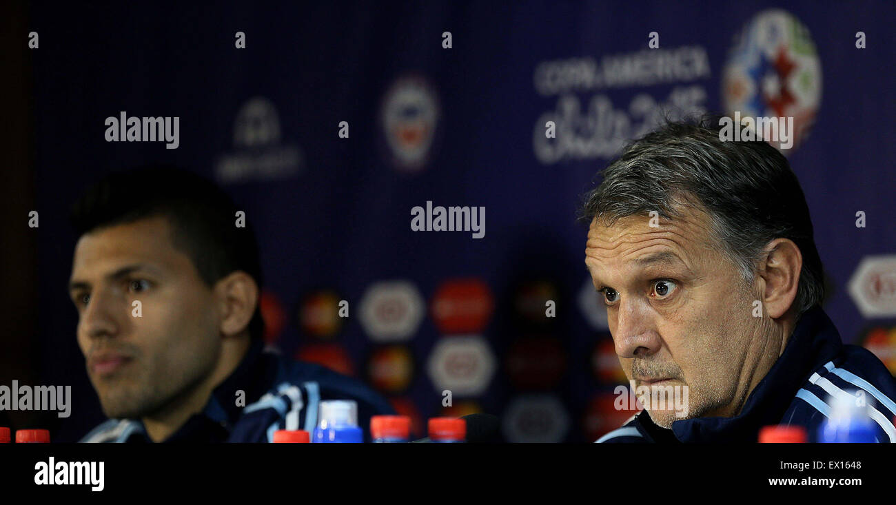 Santiago, Chile. 3rd July, 2015. Argentina's head coach Gerardo Martino (R) and Sergio Aguero take part in a press conference in Santiago, Chile, on July 3, 2015. Argentina will face Chile in the final match of the Copa America Chile 2015. © Claudio Fanchi/TELAM/Xinhua/Alamy Live News Stock Photo
