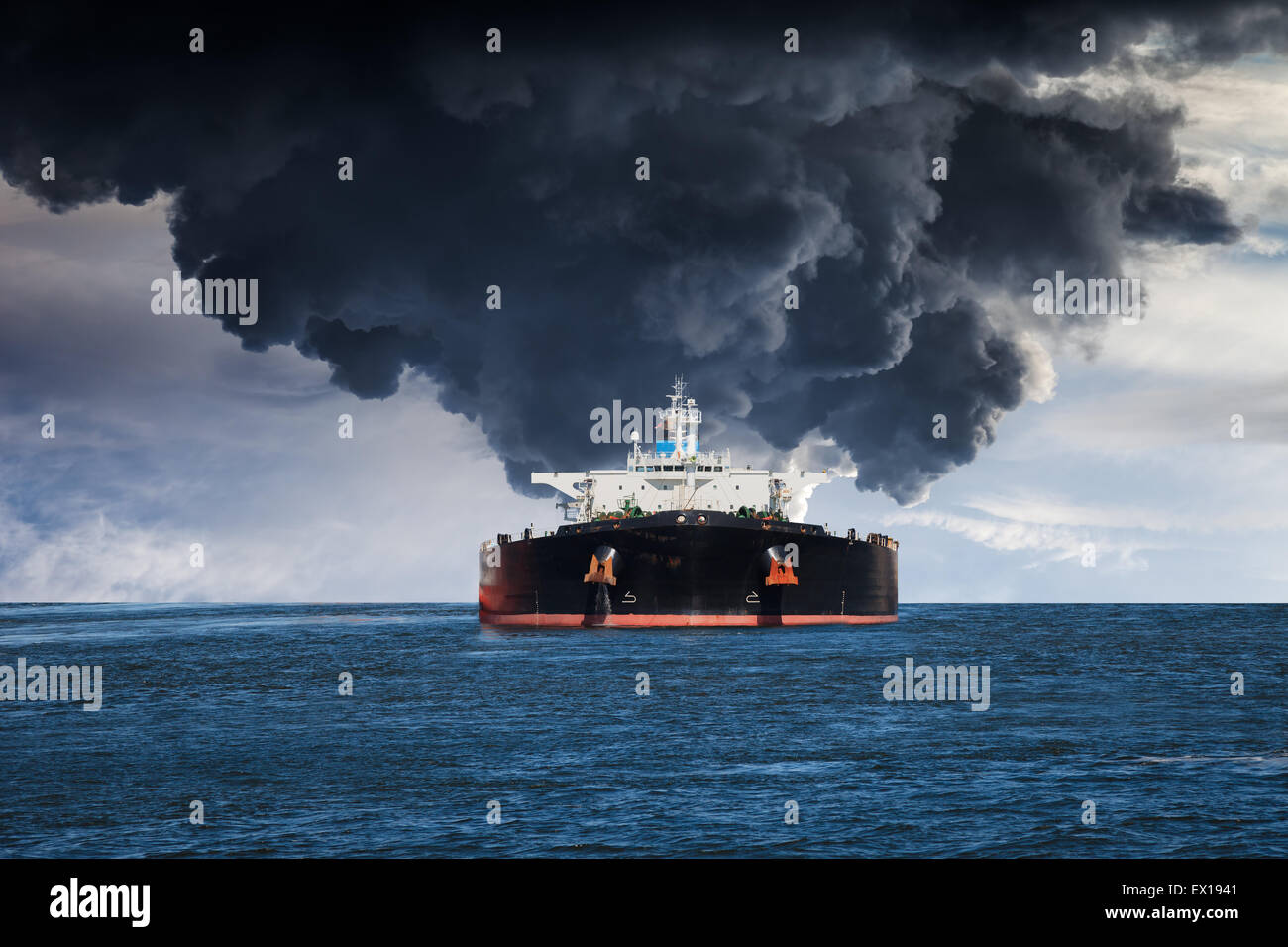 Burning Tanker ship on the sea. Stock Photo