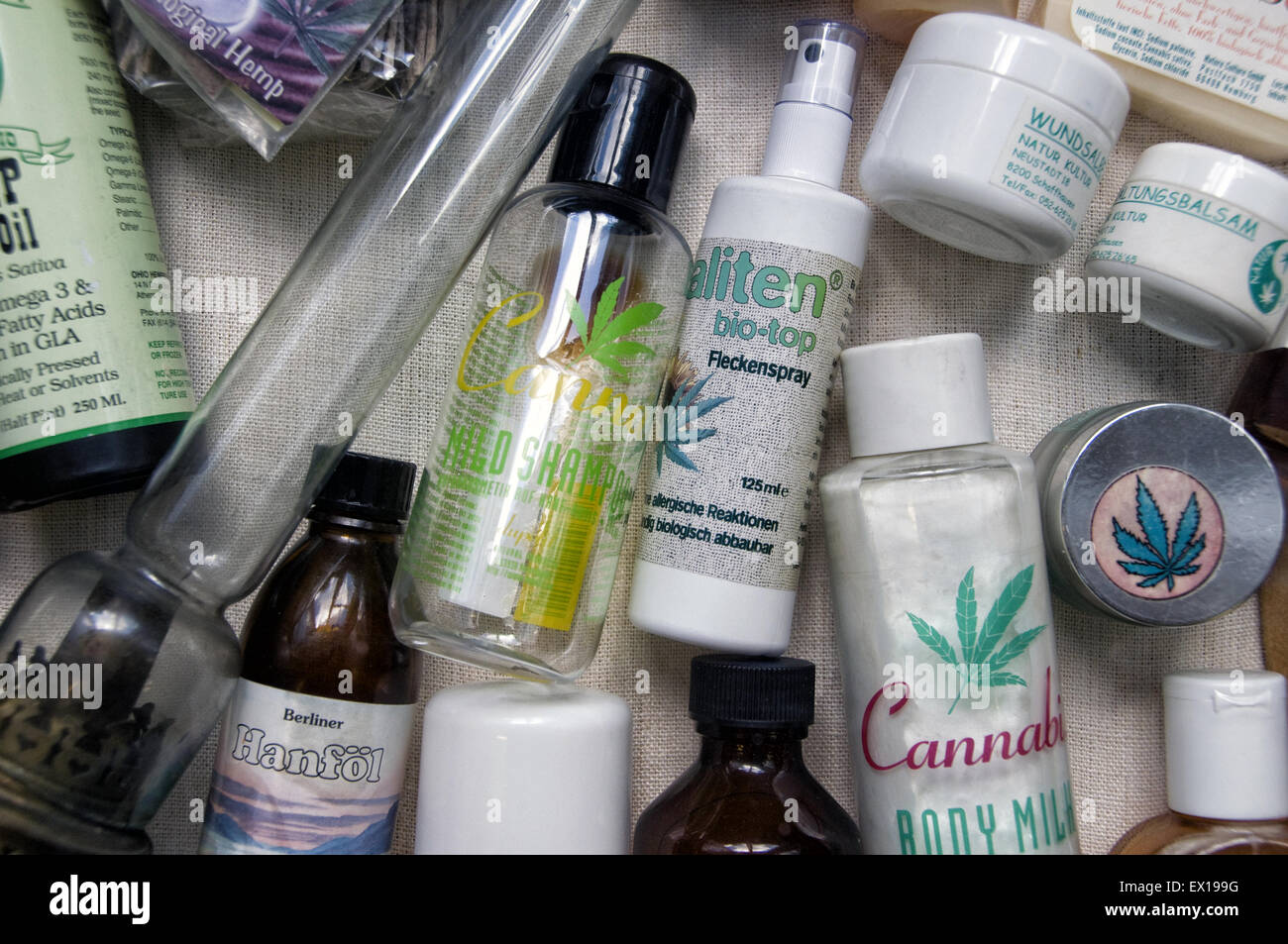 Cannabis pharmaceutical products displayed at Hanf Museum which provides a comprehensive view of the wide range of possibilities of the cultural plant Cannabis, Berlin Germany Stock Photo