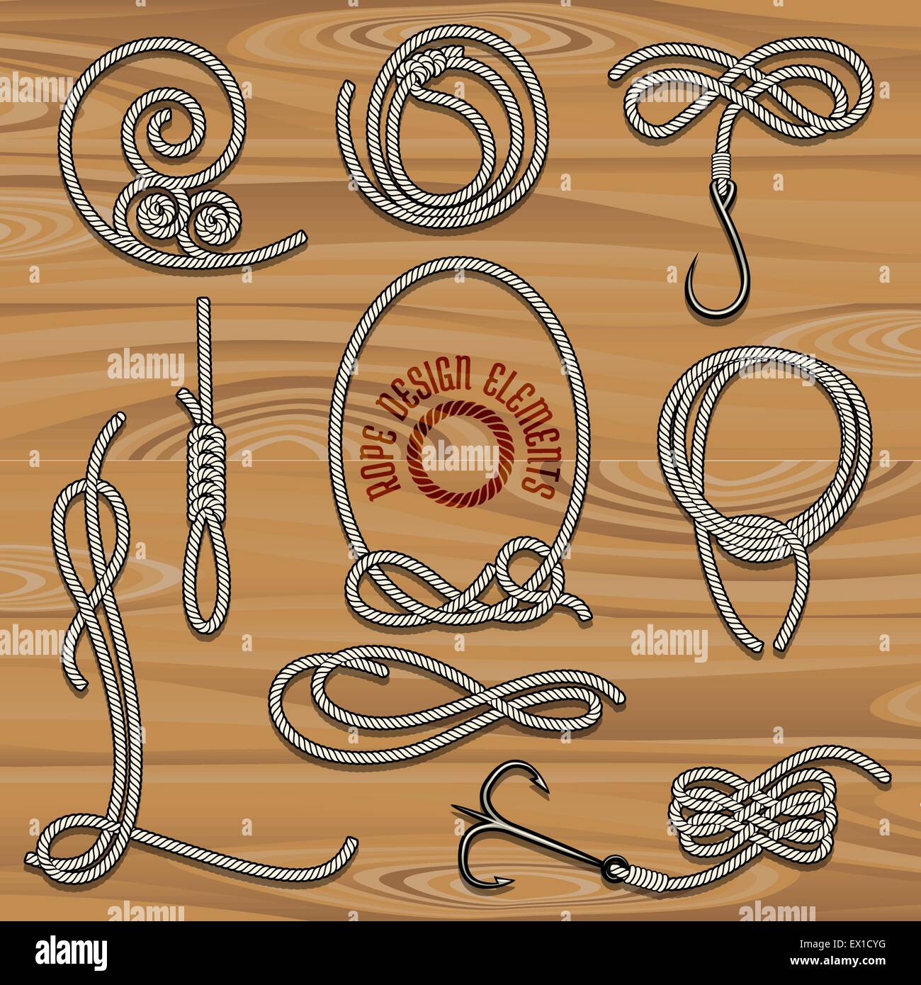 Collection of Rope Design elements. Drawn in vintage style. Knots, loops and hooks. Free font used. Stock Vector