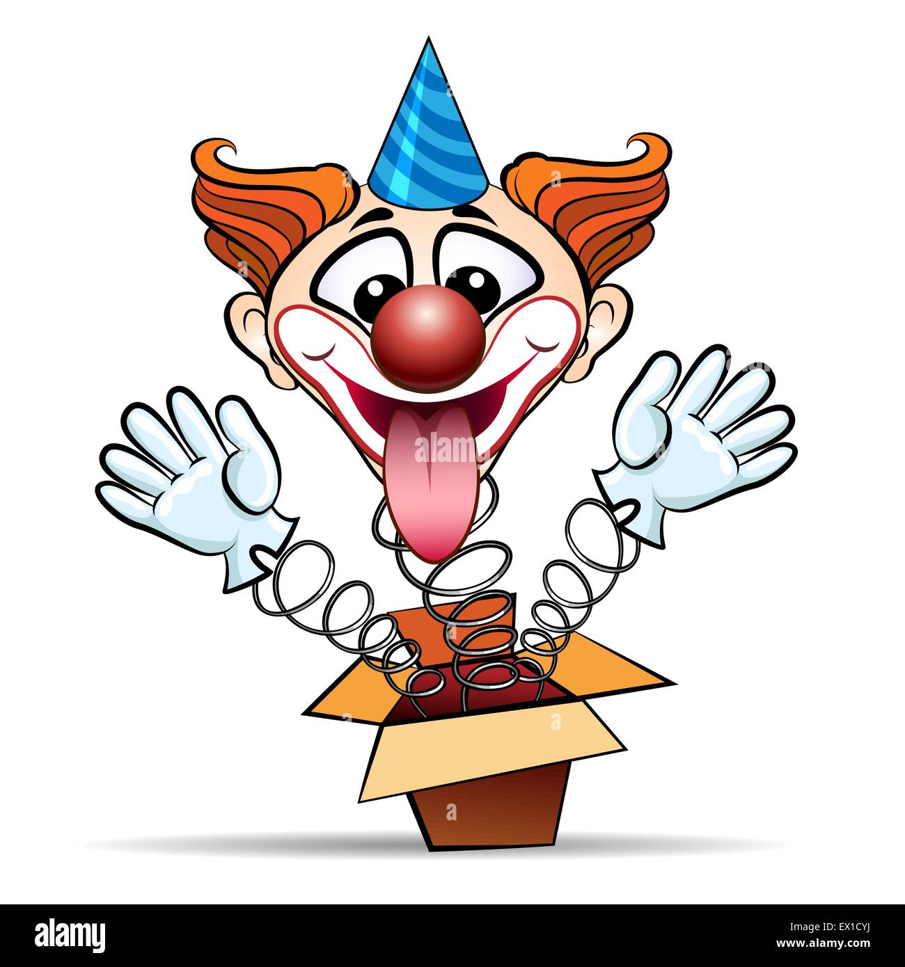 Funny illustration of laughing clown jumps out of surprised box. Isolated on white background. Stock Vector