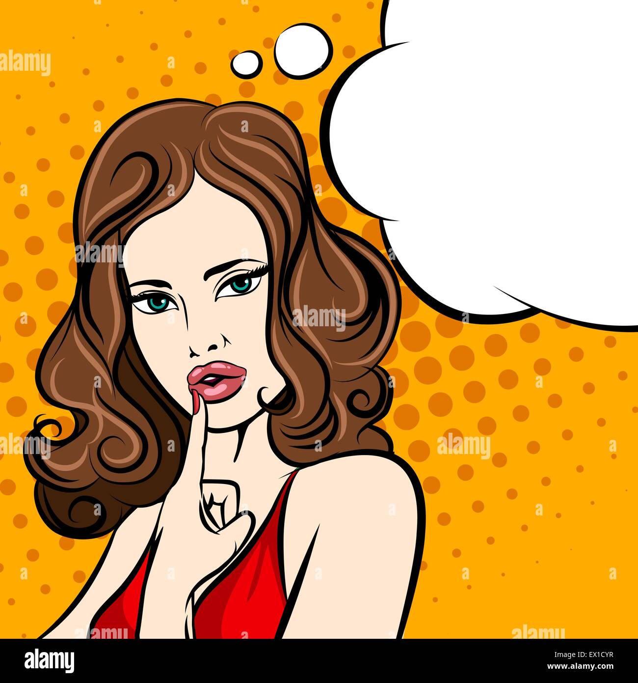 Beautiful young girl in Comic Pop Art Style with green eyes in red dress and blank thought bubble with Stock Vector