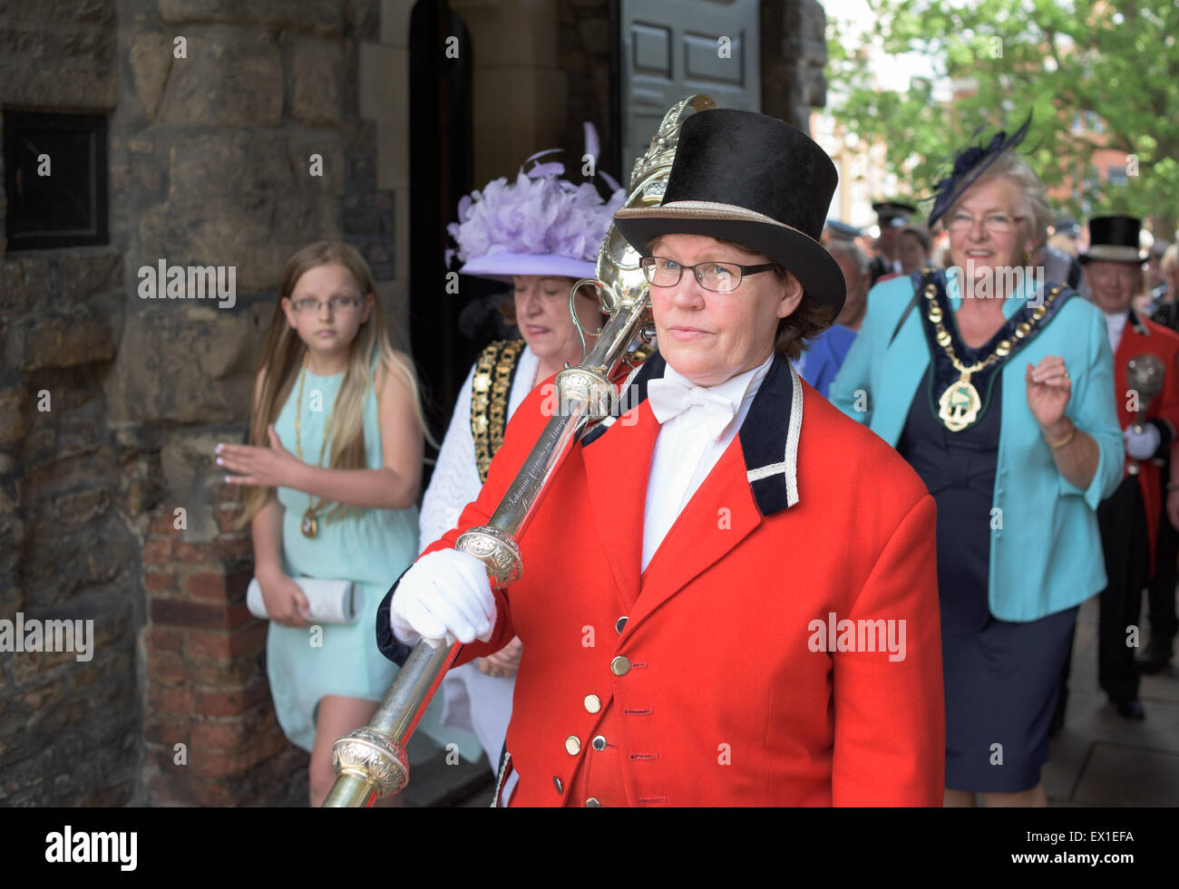 Nottingham, UK. 04th July, 2015. Councillor Jackie Morris is sworn in as the new Lord Mayor, Also Mohammed Saghir is sworn in as Sheriff of Nottingham.The procession left city council at 11.00am to arrive the castle for 11.15 .On arrival at the Castle, The Town Crier will read an announcement on behalf of the Lord Mayor, who will knock on the Castle gates to demand entry.a ceremony (at approximately 11:45am) known as 'Mayor Making', which will include a short service and blessing for the city of Nottingham. Credit:  IFIMAGE/Alamy Live News Stock Photo