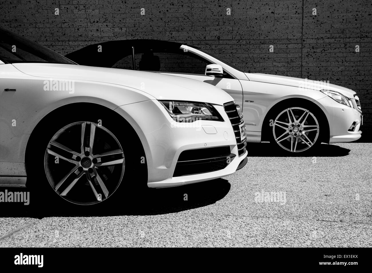 An Audi keeps a Mercedes company in Blackpool, England. Stock Photo