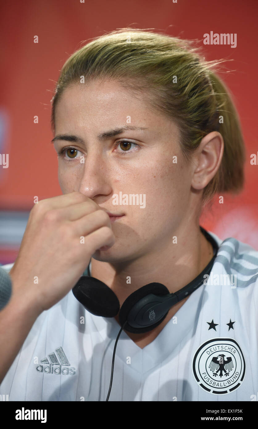 Edmonton, Canada. 03rd July, 2015. Germany?s Bianca Schmidt during a press conference at the Commonwealth Stadium in Edmonton during the FIFA Women?s World Cup in Edmonton, Canada, 03 July 2015. Photo: Carmen Jaspersen/dpa/Alamy Live News Stock Photo