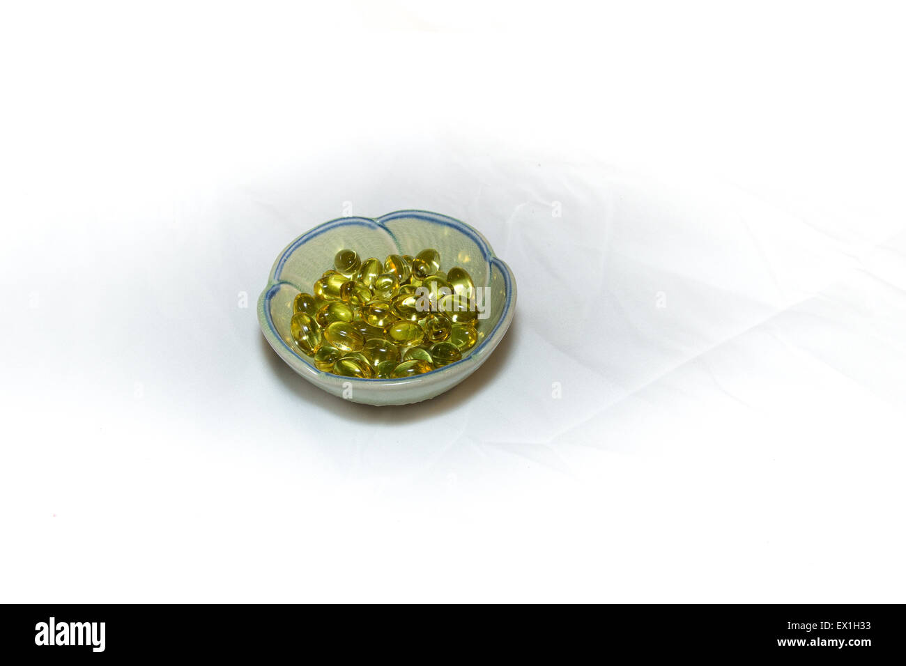 Omega 3 and 6 gel capsules on white background, Capsules of fish oil gel Stock Photo