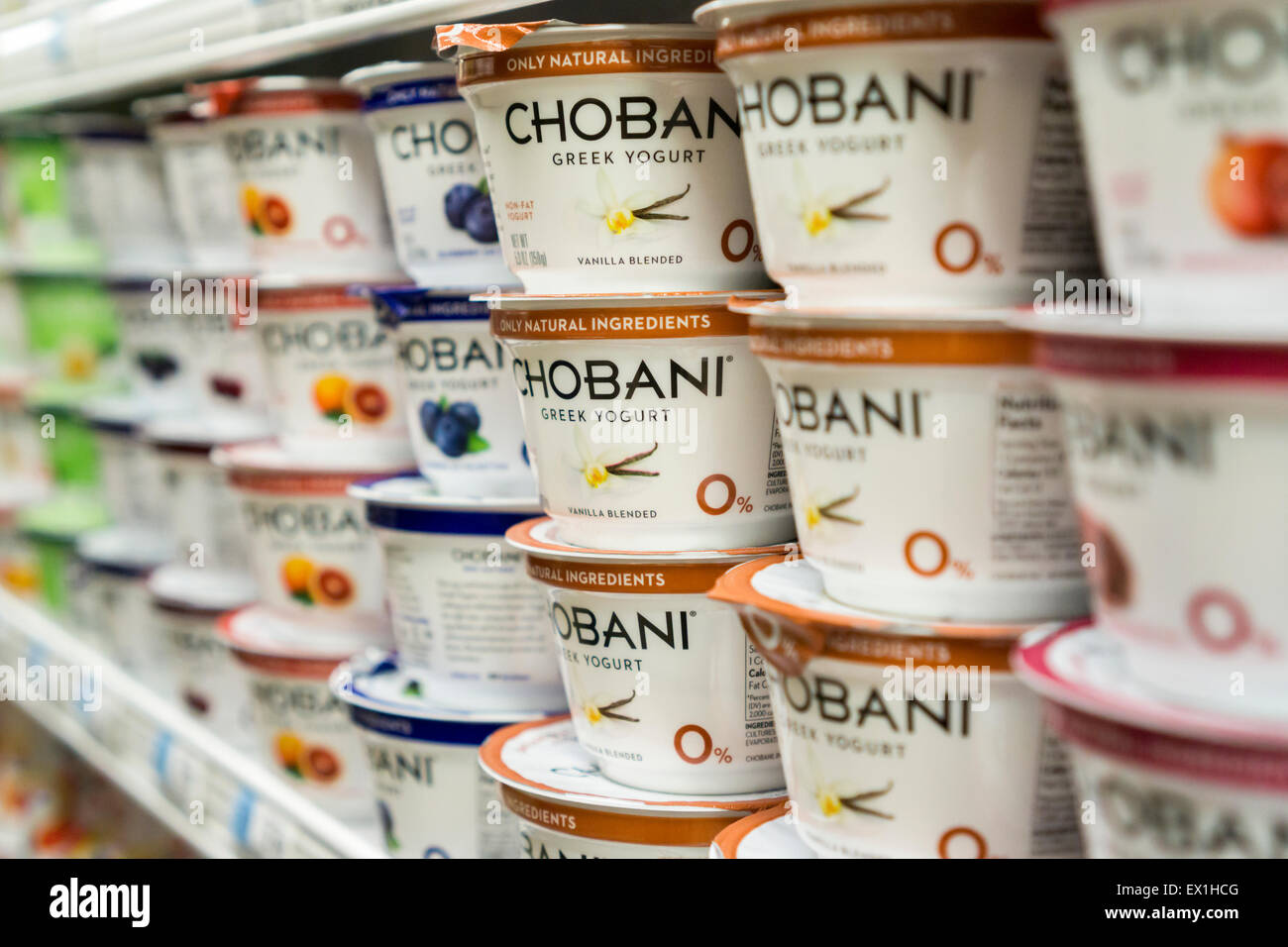 Containers of Chobani brand Greek style yogurt are seen on a