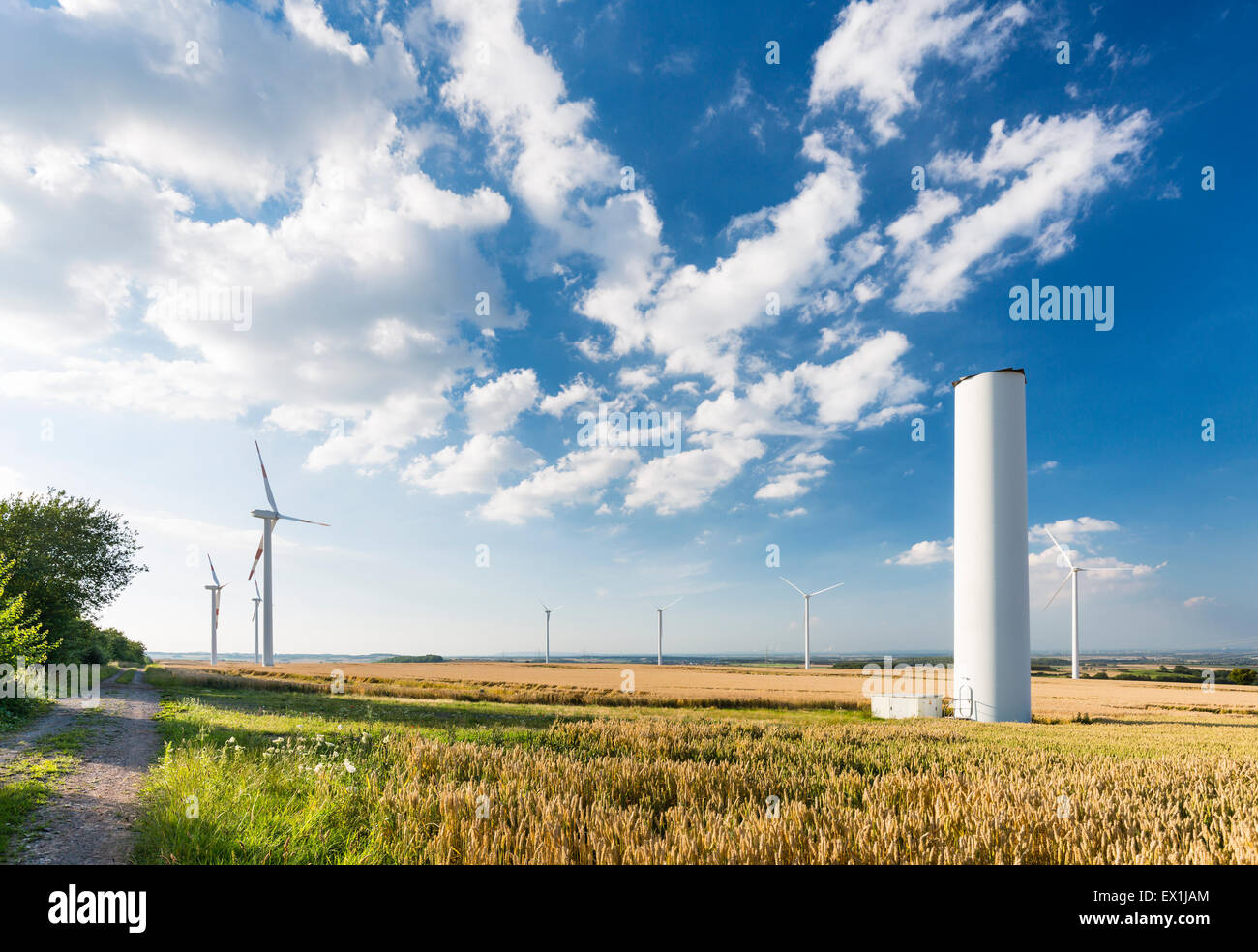 A halfway deconstructed wind turbine in a wind park that collapsed during a storm in the Eifel, Germany. Stock Photo