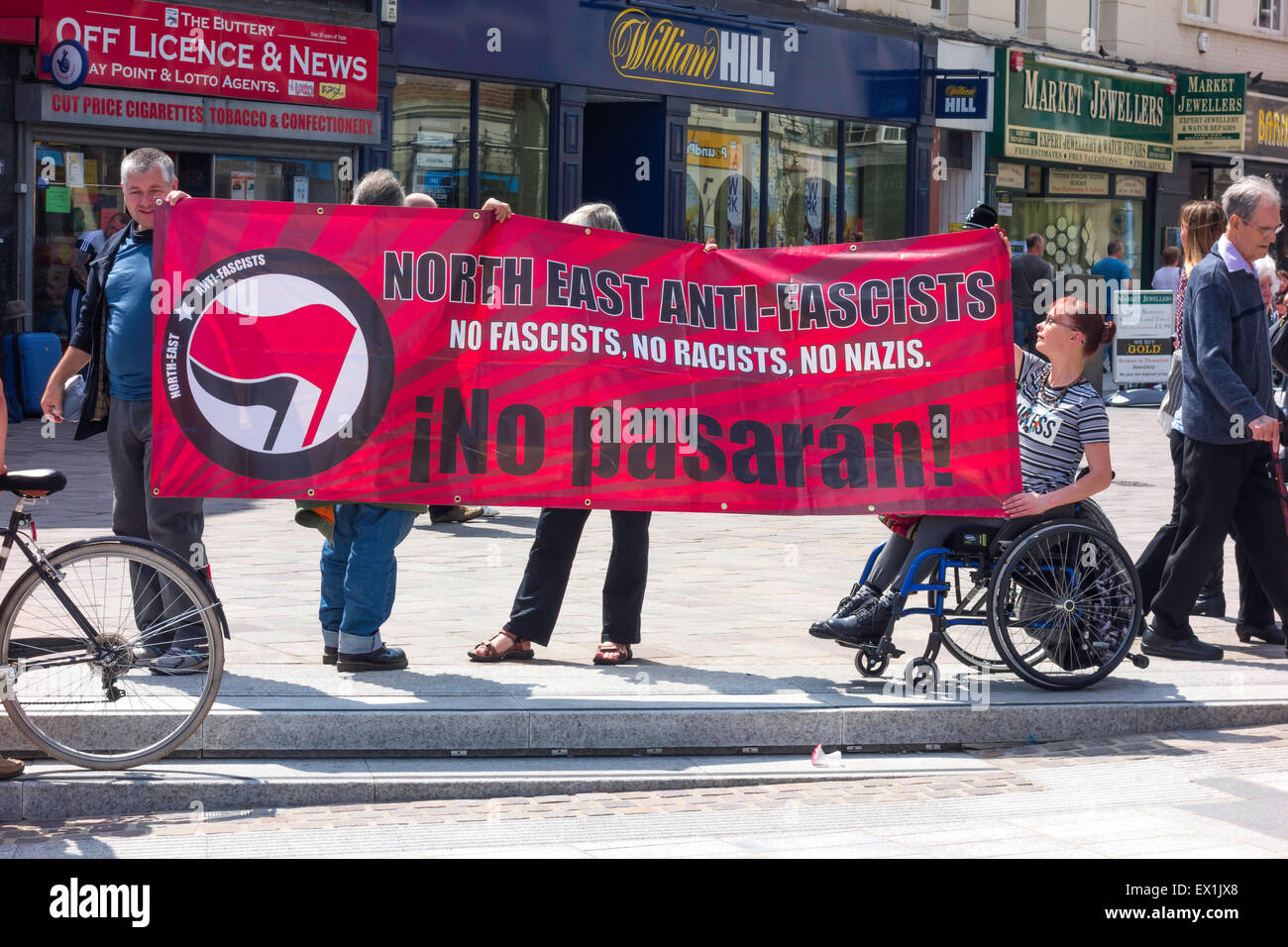 Stockton-on-Tees County Durham 4th July 2015,  A counter-demonstration by the  North East Anti-Fascists against a public demonstration by Far Right Anti-Muslim Groups 'North East Infidels' and 'North West Infidels' was held in the town centre today. Banner Redas 'North East Anti Fascists, No Fascists, No Racists, No Nazis No Pasaran! Credit:  Peter Jordan NE/Alamy Live News Stock Photo