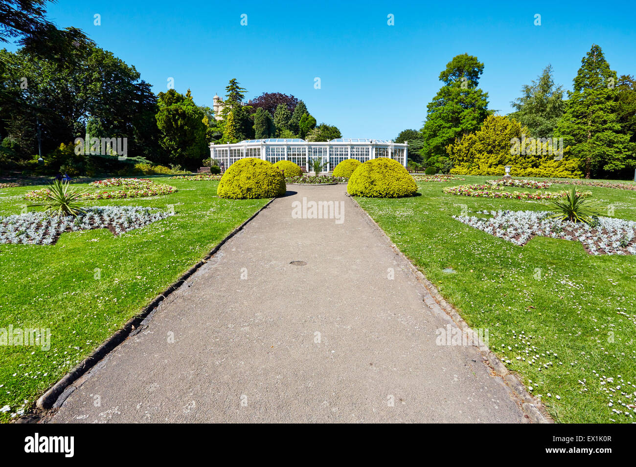 View of the glasshouse and gardens at Wollaton Hall, Nottingham, England. Stock Photo