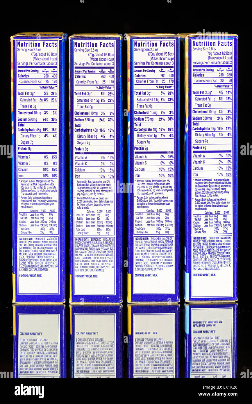 Nutritional Facts labels with ingredients Stock Photo