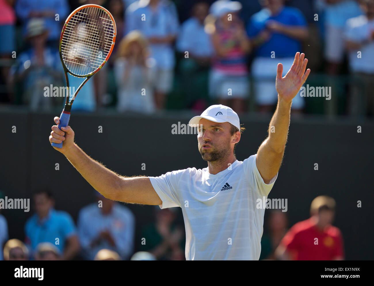 Wimbledon, London, UK. 04th July, 2015. Tennis, Wimbledon, Ivo Karlovic  (CRO) celebrates his win over Jo-Wilfried Tsonga (FRA) Credit: Henk  Koster/Alamy Live News Stock Photo - Alamy