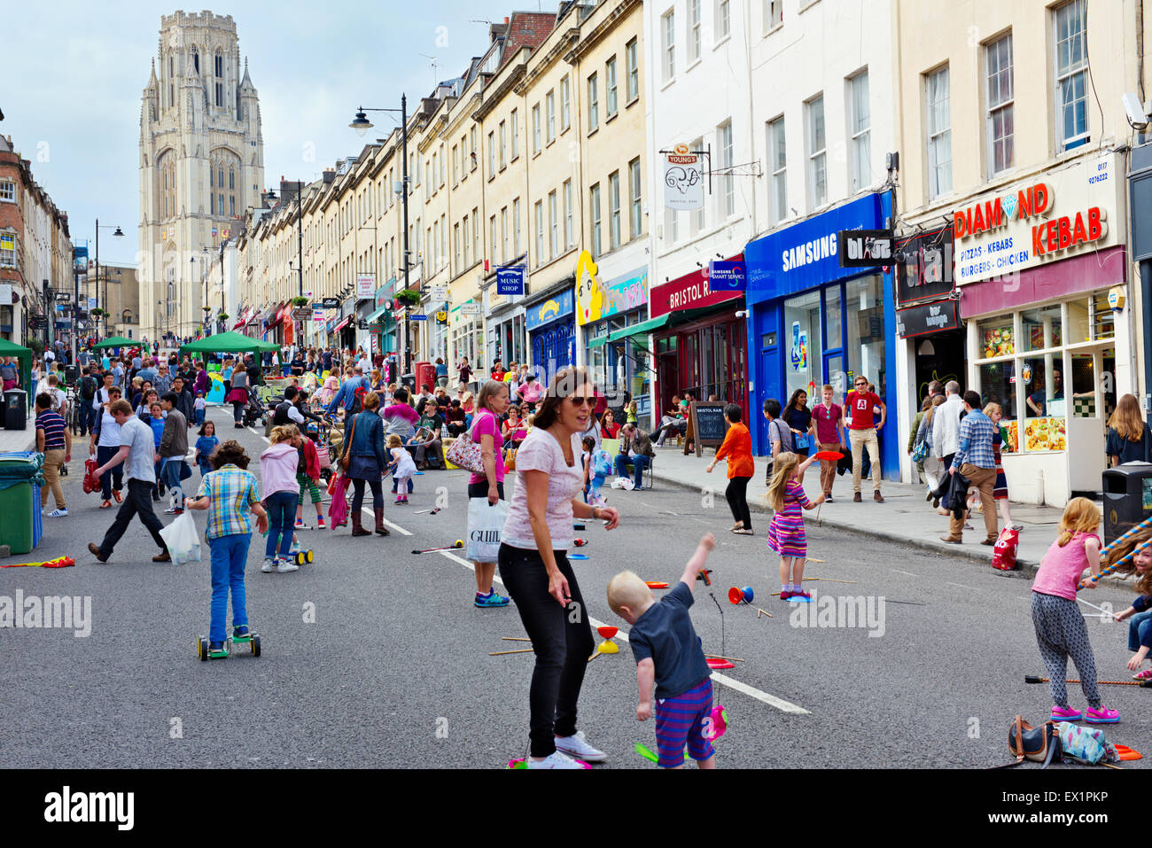 Bristol UK Park Street closed for pedestrian activities during Sky Ride bike festival Stock Photo