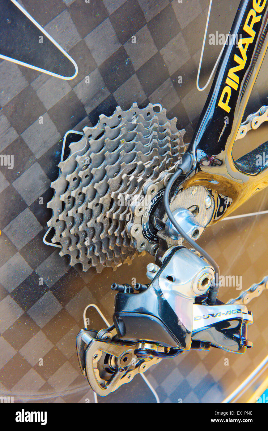 Rear wheel gear set on bicycle. Bicycle is Bradley Wiggins time trial bike Stock Photo