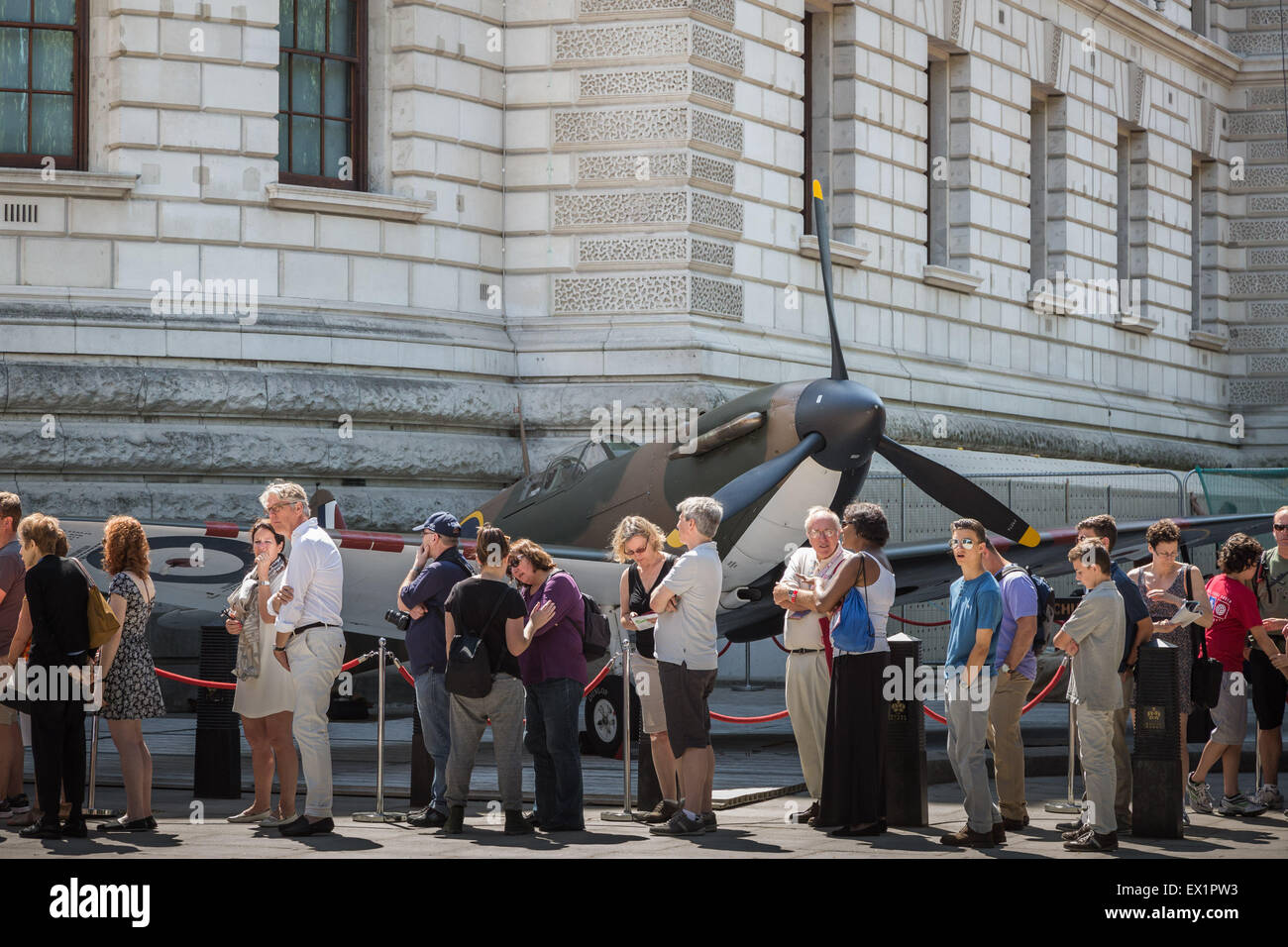 London, UK. 4th July, 2015. A Vickers Supermarine Spitfire Mk 1A aircraft is pictured outside the Churchill War Rooms before its sale by Christie’s auction house Credit:  Guy Corbishley/Alamy Live News Stock Photo