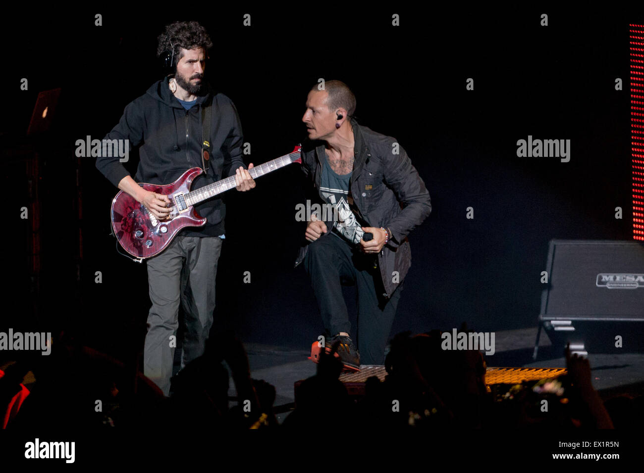 Milwaukee, Wisconsin, USA. 30th June, 2015. BRAD DELSON (L) and CHESTER BENNINGTON of Linkin Park perform live on stage at the Summerfest Music Festival in Milwaukee, Wisconsin © Daniel DeSlover/ZUMA Wire/Alamy Live News Stock Photo