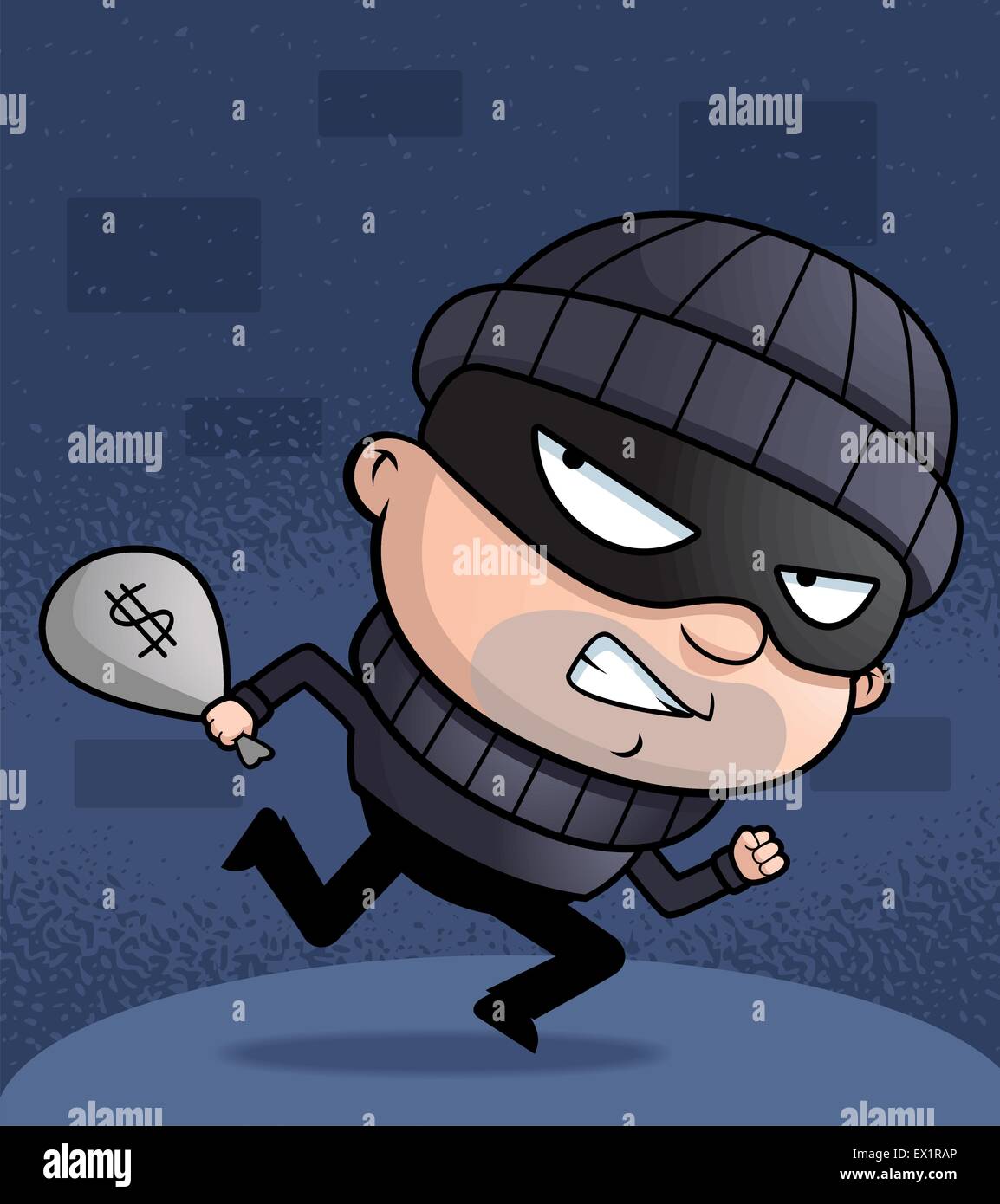 A cartoon burglar running with a money bag. Stock Vector