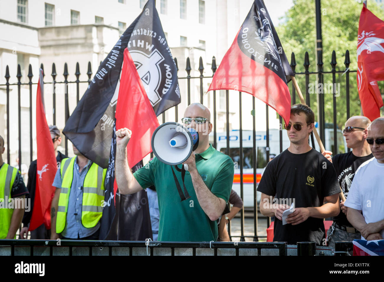London, UK. 4th July, 2015. Far-right group New Dawn stage anti-Jewish protest opposite Downing Street Credit:  Guy Corbishley/Alamy Live News Stock Photo