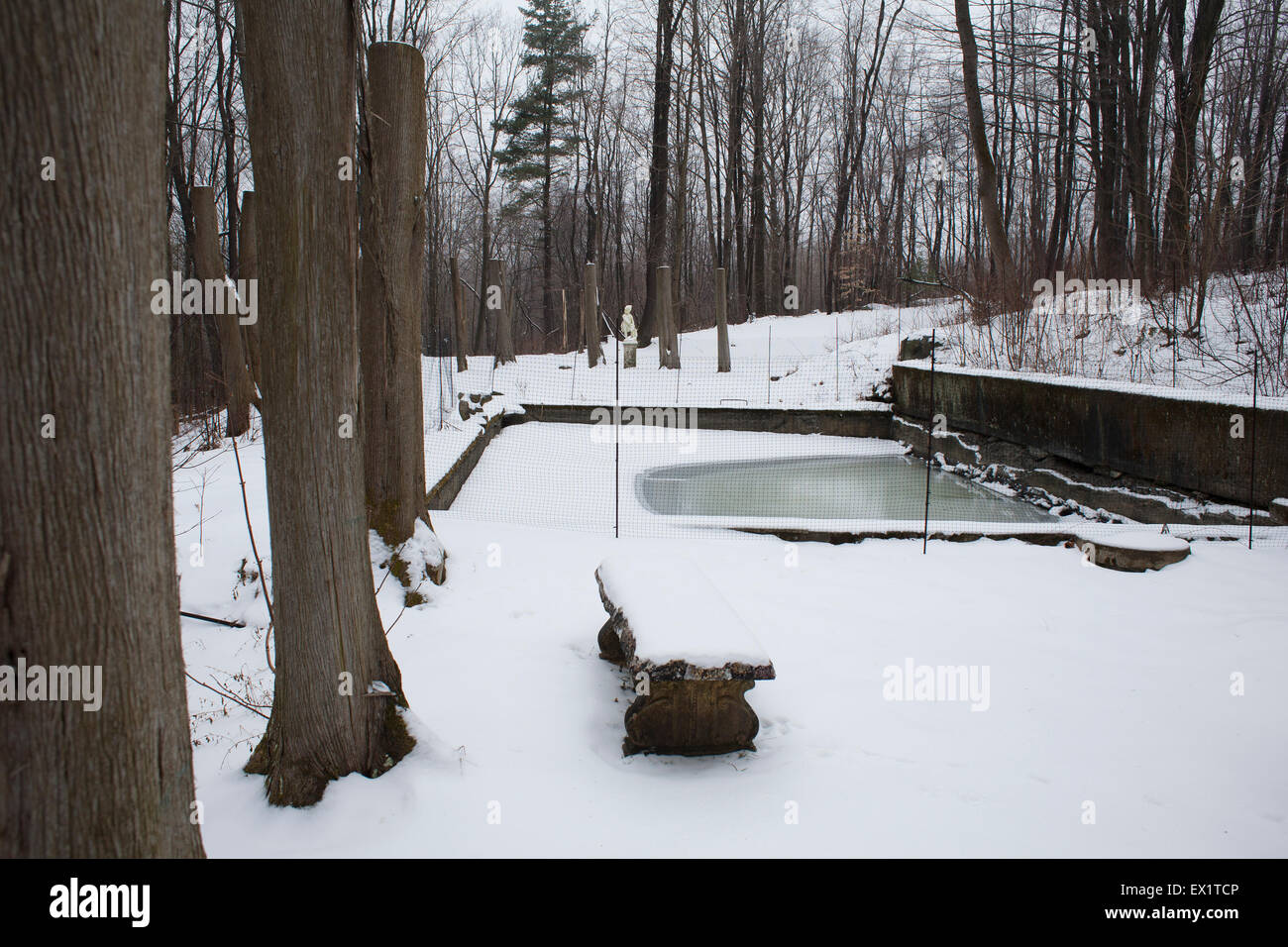 Garden and snowcovered pool at the home of Edna St. Vincent Millay, called Steepletop, in