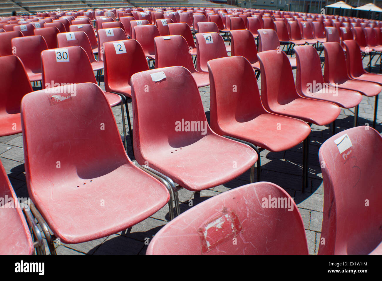 red chair lined. Image of a tens of red chairs lined Stock Photo Alamy