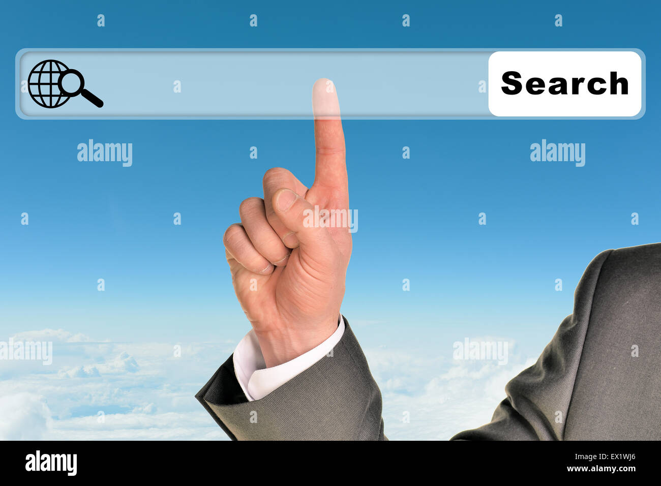 Businessmans hand on blue sky background Stock Photo - Alamy