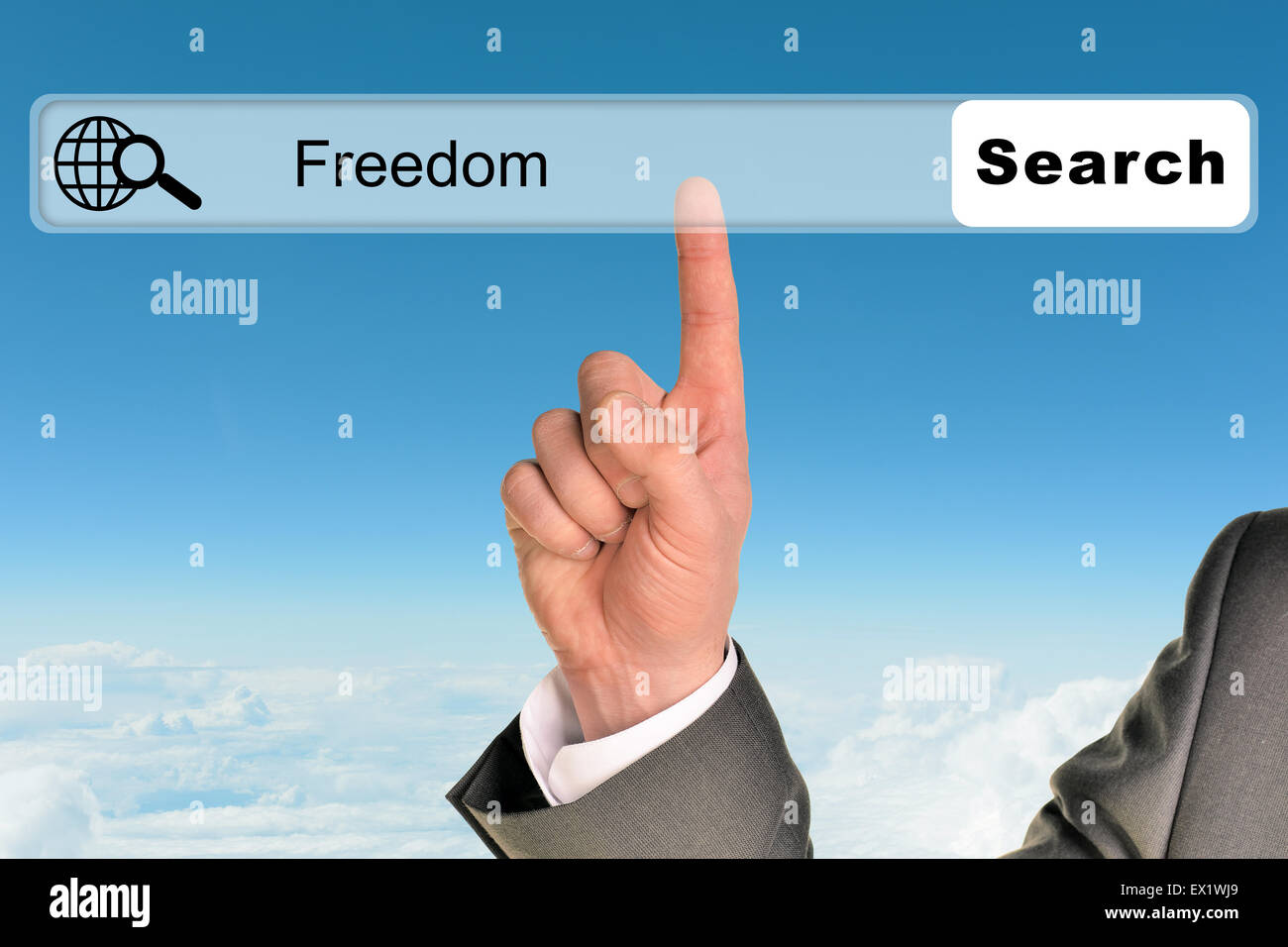 Businessmans hand on blue sky background Stock Photo - Alamy