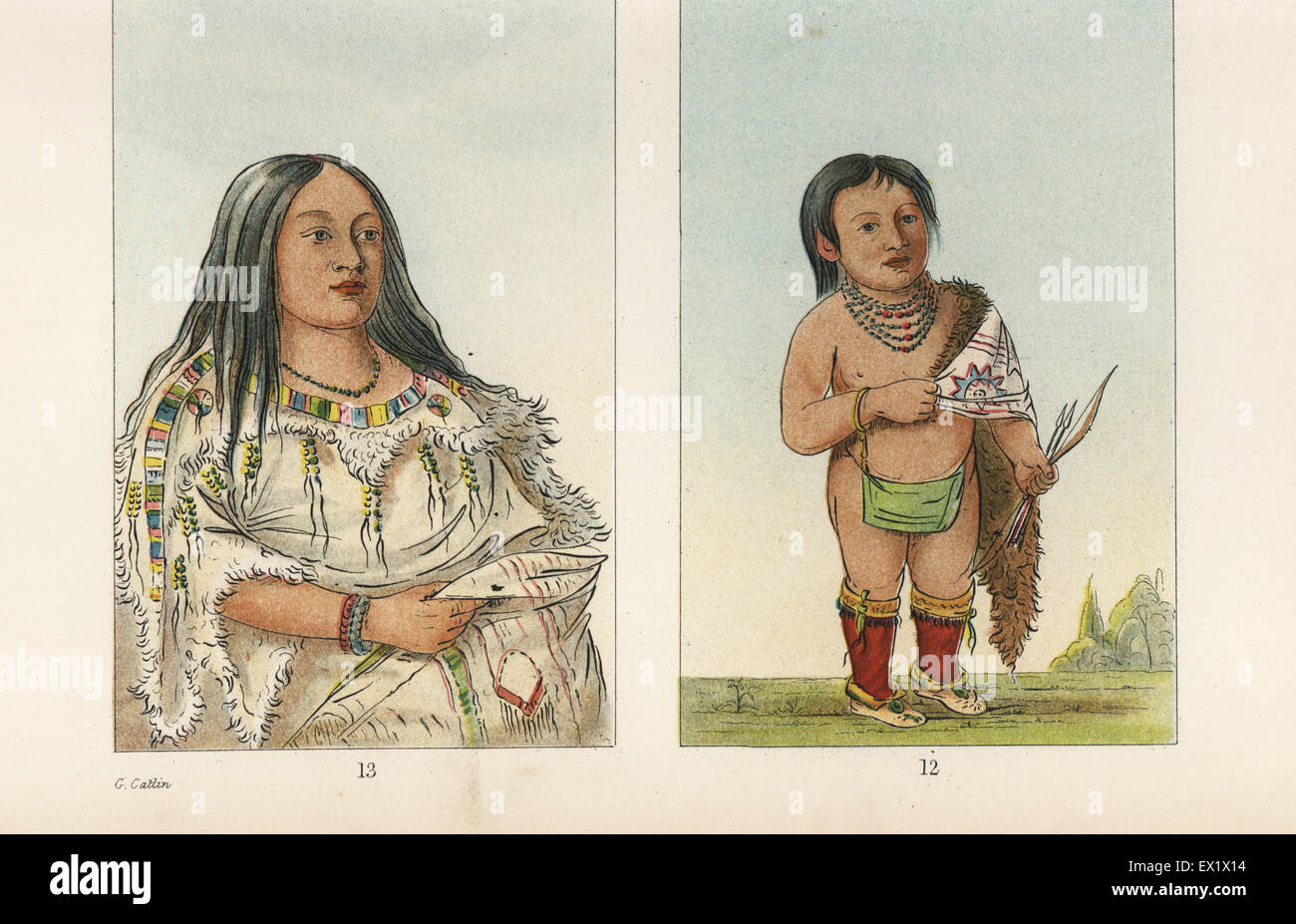 Eeh-nis-kim, Crystal Stone, squaw or wife of Stu-mick-o-sucks, head chief of the Blackfoot nation, and their grandson in raccoon skin robe. Stock Photo