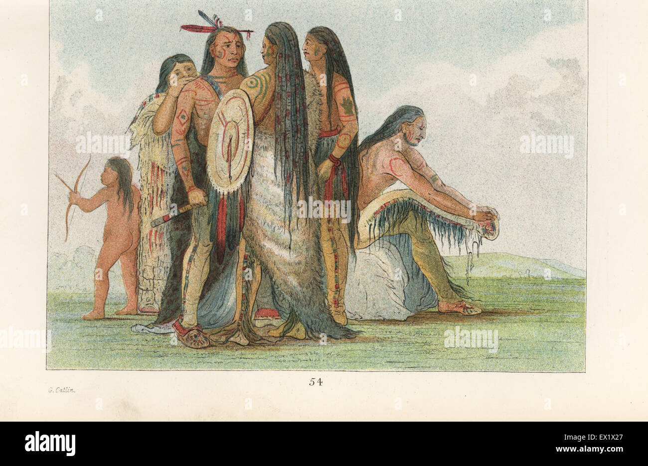 Mandan warrior San-ja-ka-ko-kah, Deceiving Wolf, and his family, showing the distinctive long hair dyed red and falling almost to the knees. Handcoloured lithograph from George Catlin's Manners, Customs and Condition of the North American Indians, London, 1841. Stock Photo