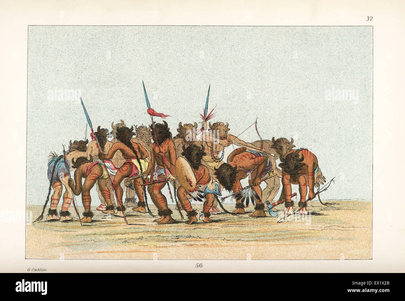 Nonsens Mangle avis Mandan men dancing the buffalo dance wearing bison heads and holding  spears, tomahawks and bows. Handcoloured lithograph from George Catlin's  Manners, Customs and Condition of the North American Indians, London, 1841  Stock