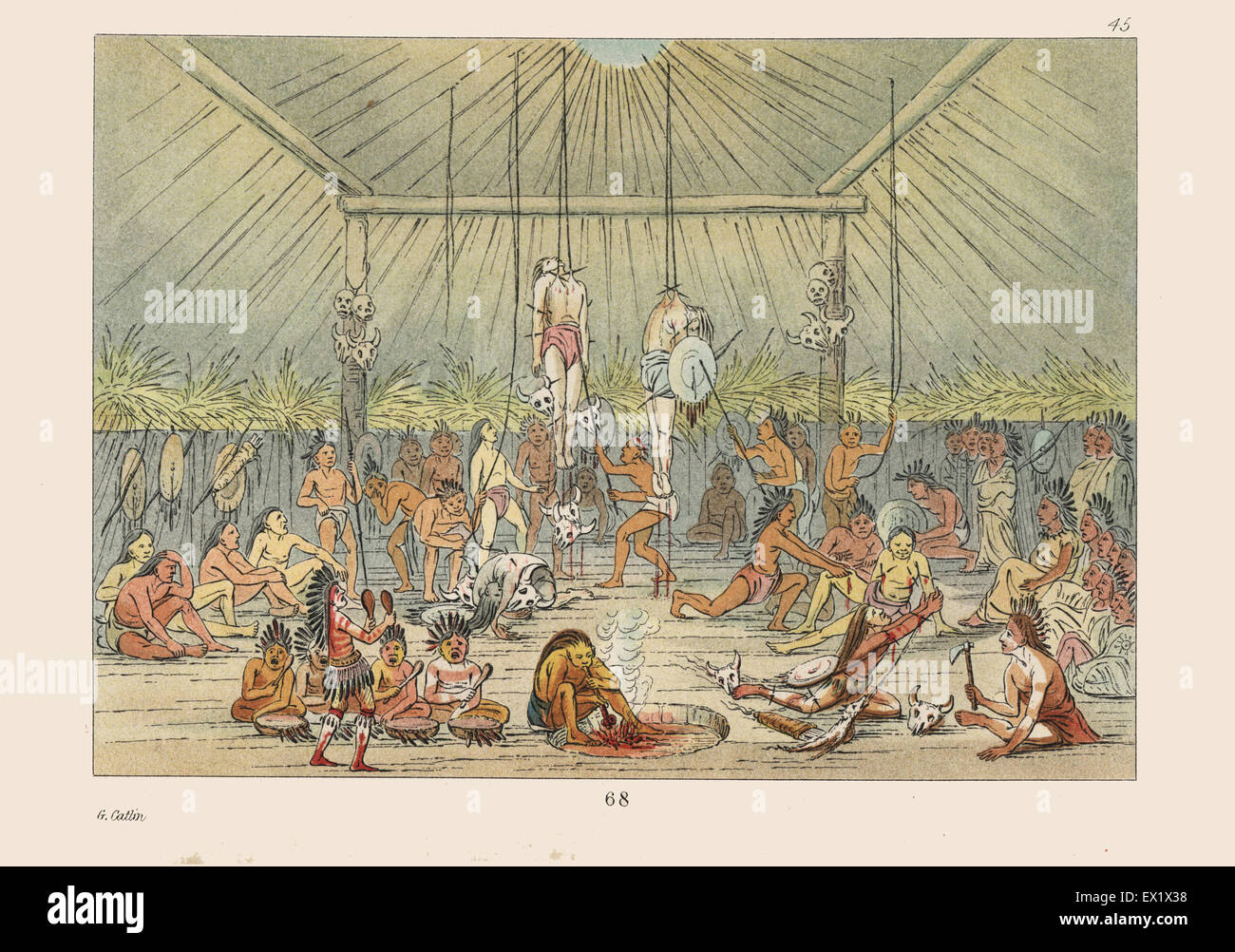 Mandan religious ceremony - the body suspension ritual, part of the four-day O-Kee-Pa buffalo dance. Young men are suspended by the skin from scaffolds and hung with shields and bison skulls. Handcoloured lithograph from George Catlin's Manners, Customs and Condition of the North American Indians, London, 1841. Stock Photo