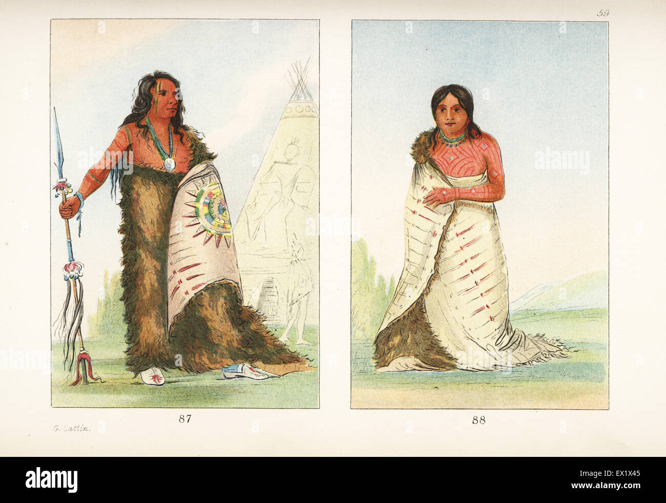 Sioux chief Shoo-de-ga-cha, Smoke, in buffalo robe outside a teepee 87 and his wife or squaw Hee-la'h-dee, Pure Fountain 88. Her arms and neck are tattooed by pricking with gunpowder and vermilion. Handcoloured lithograph from George Catlin's Manners, Customs and Condition of the North American Indians, London, 1841. Stock Photo
