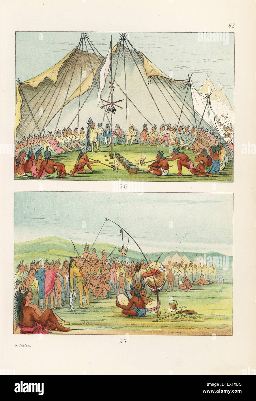 Dog Feast with dog meat given by Sioux chiefs He-wan-je-tah and Tehan-dee for visitors including George Catlin, and the body-suspension ritual of Looking at the Sun performed by a Sioux brave with splints skewered into his chest tied to a pole while medicine men chant and beat drums. Handcoloured lithograph from George Catlin's Manners, Customs and Condition of the North American Indians, London, 1841. Stock Photo