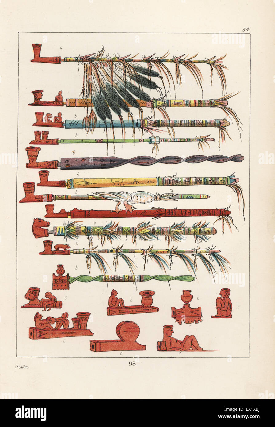 Tobacco pipes of the Native Americans, and a peace pipe with war-eagle feathers at top. The pipes are carved from pipe-stone, red steatite. Handcoloured lithograph from George Catlin's Manners, Customs and Condition of the North American Indians, London, 1841. Stock Photo