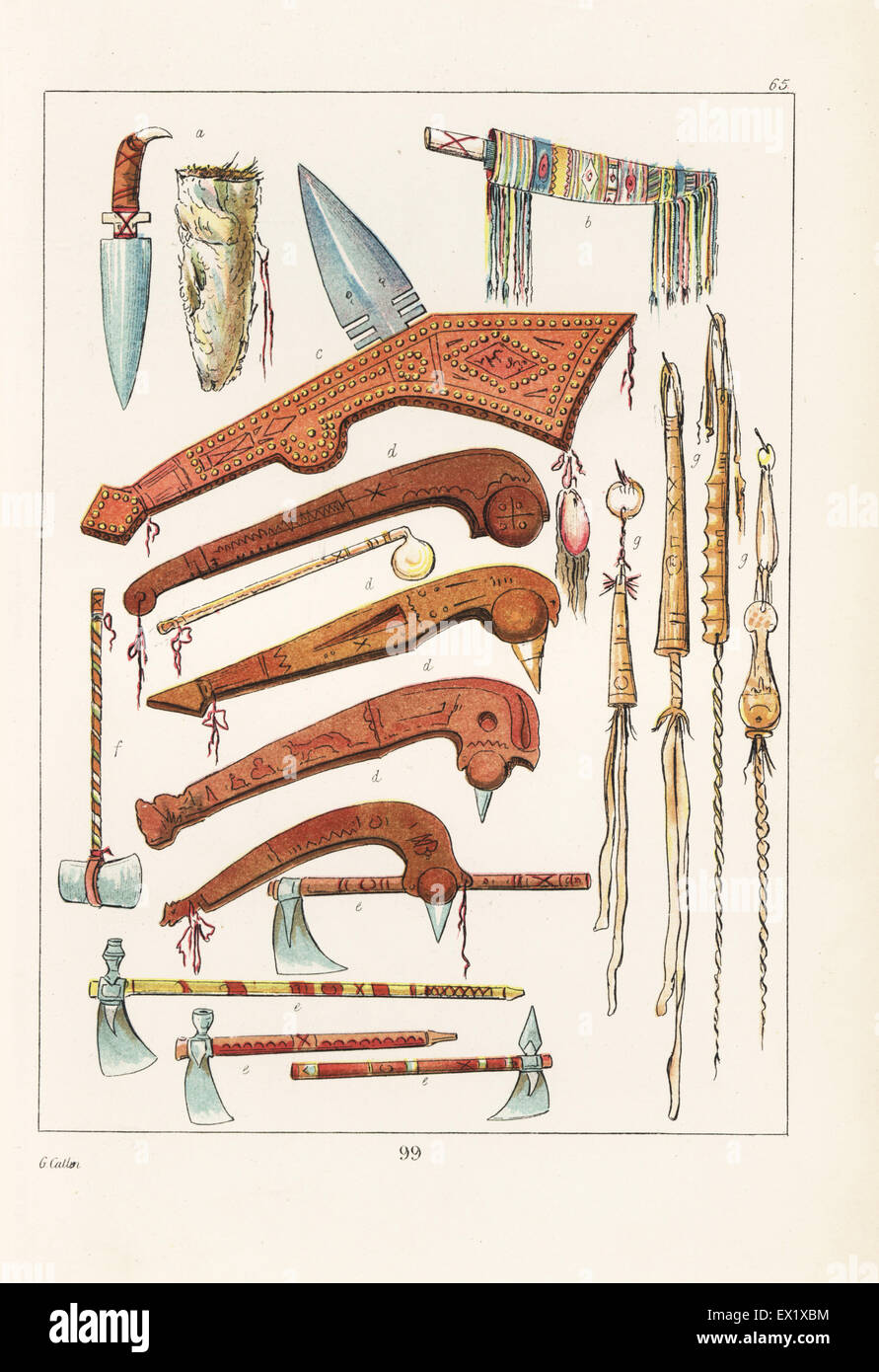 Weapons of the Native Americans: scalping knives and scabbards a,b, war clubs c, clubs d tomahawks and pipe tomahawks e, hatchet f and horse whips g. Handcoloured lithograph from George Catlin's Manners, Customs and Condition of the North American Indians, London, 1841. Stock Photo
