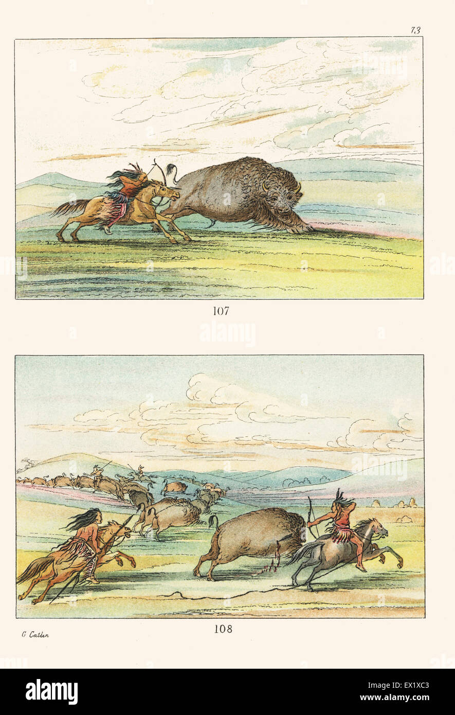 Native American a buffalo or bison with bow and arrow 107, and party of hunters with lance, bow and lasso separating a bison from the herd 108. Handcoloured lithograph from