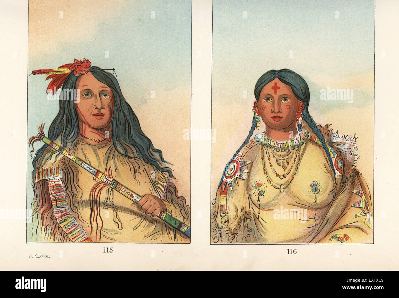 Nee-hee-o-ee-woo-tis, the Wolf on the Hill, chief of the Cheyenne nation, and a woman, Tis-see-woo-na-tis, She who Bathes her Knees. Handcoloured lithograph from George Catlin's Manners, Customs and Condition of the North American Indians, London, 1841. Stock Photo