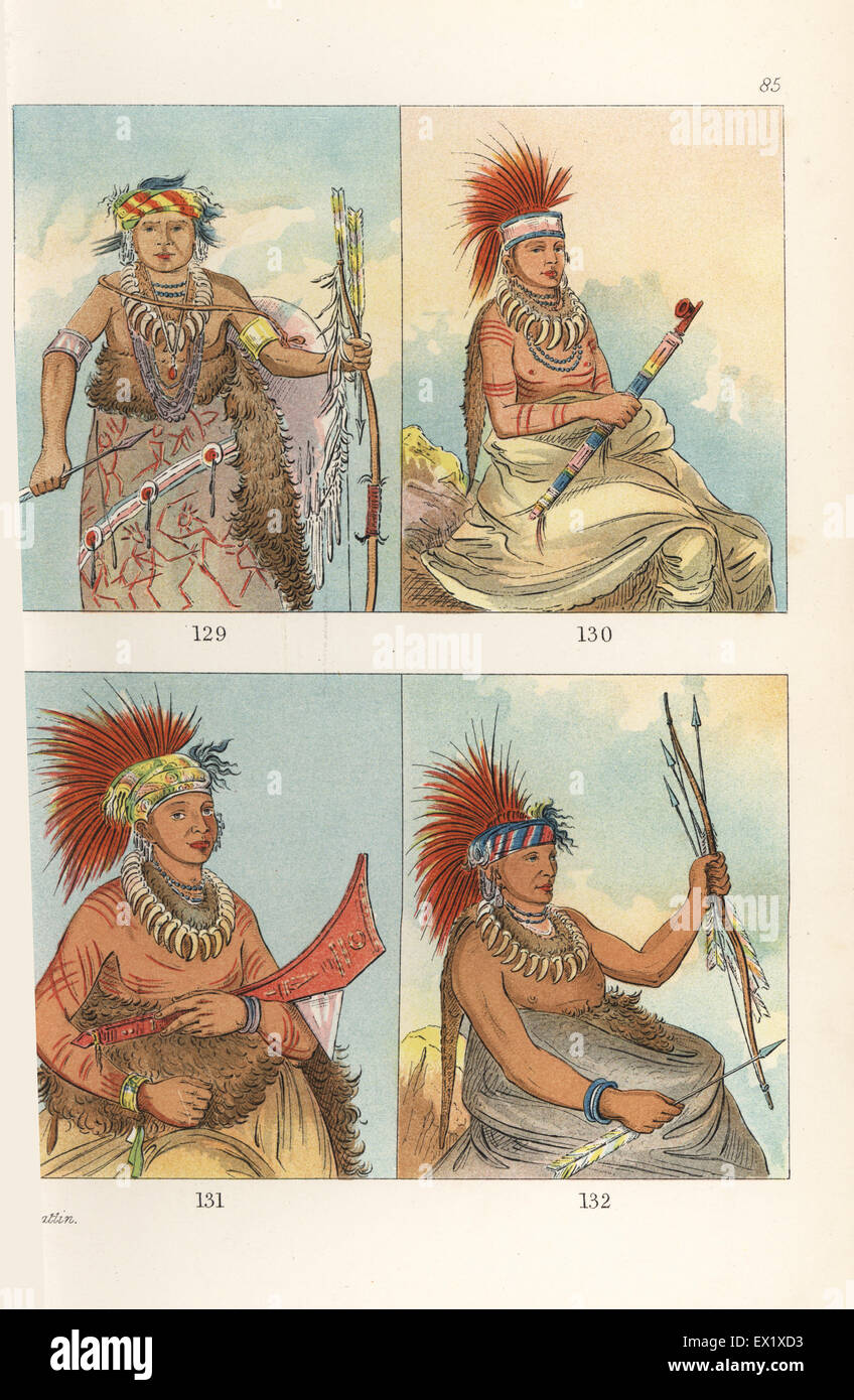 Notch-ee-ning-a, White Cloud, chief of the Iowa nation 129, and warriors Wy-ee-yogh, Man of Sense, 130, Pah-ta-coo-che, Shooting Cedar, 131, and Was-com-mum, Busy Man, 132.  Handcoloured lithograph from George Catlin's Manners, Customs and Condition of the North American Indians, London, 1841. Stock Photo