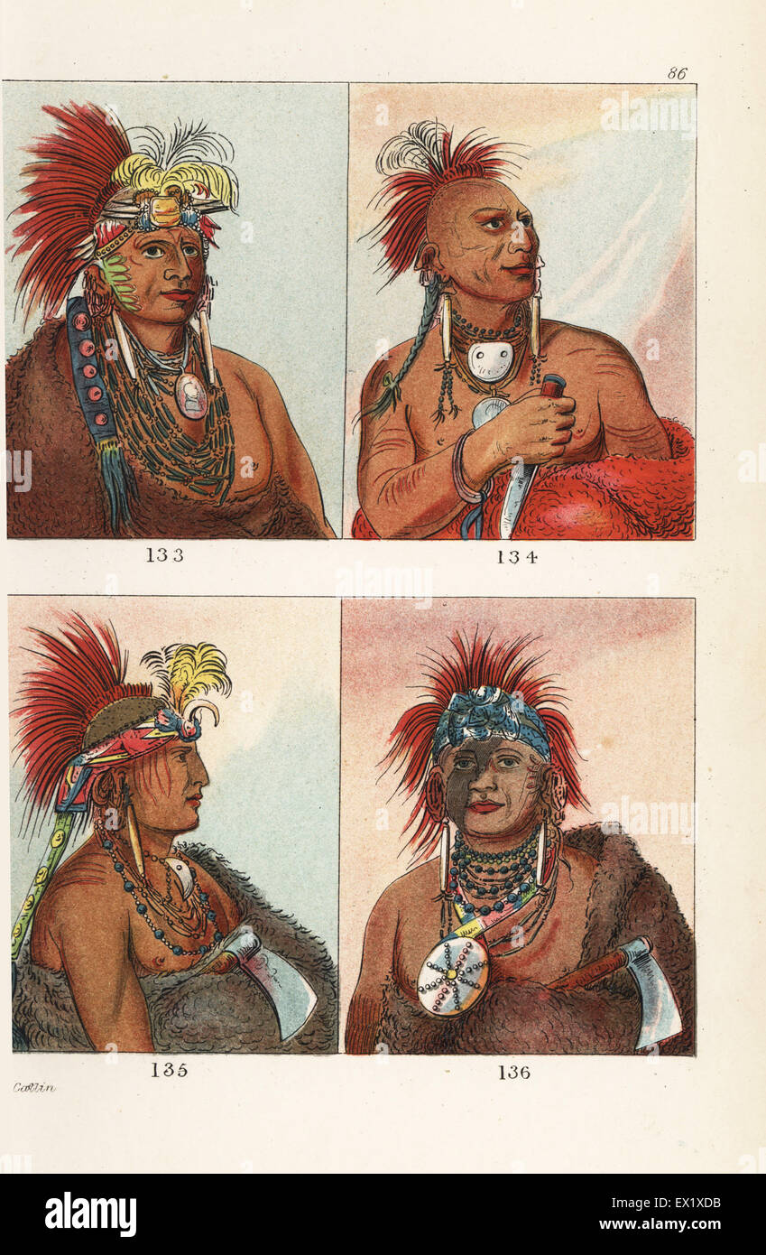 Kaw or Kansa nation: Chief Sho-me-cos-se, Wolf, 133, Meach-o-shin-gaw, Little White Bear 134, Chesh-oo-hong-ha, Man of Good Sense 135, and Wa-hon-ga-shee, No Fool 136. With shaved heads decorated with crest of deer tail dyed red. Handcoloured lithograph from George Catlin's Manners, Customs and Condition of the North American Indians, London, 1841. Stock Photo