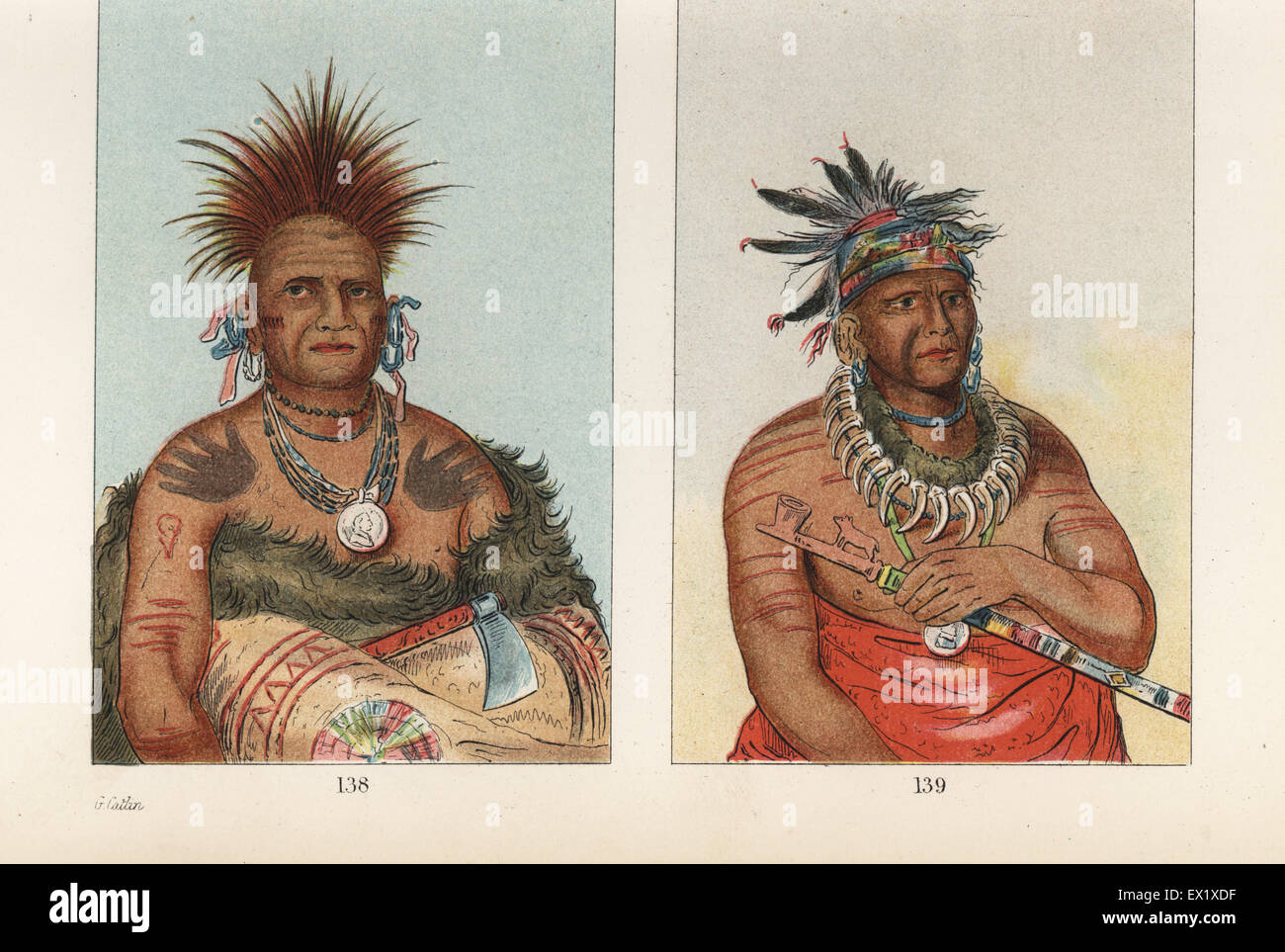Shon-ka-ki-he-ga, Horse Chief of the Grand Pawnee nation 138, and Haw-che-ke-sug-ga, He Who Kills the Osage, aged chief of the Missouries (Missouria or Niuachi) 139. Handcoloured lithograph from George Catlin's Manners, Customs and Condition of the North American Indians, London, 1841. Stock Photo
