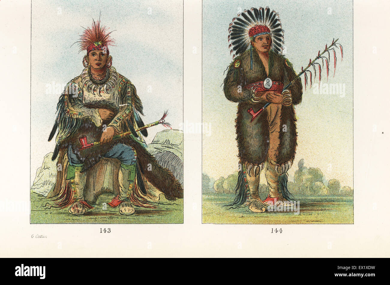 Chiefs of the Otoe nation: N-way-ke-sug-ga, He Who Strikes Two at Once wearing necklace of bear claws and robe fringed with scalp-locks 143, and Raw-no-way-woh-krah, Loose Pipe-Stem in skin of grizzly bear and eagle feather headdress 144. Handcoloured lithograph from George Catlin's Manners, Customs and Condition of the North American Indians, London, 1841. Stock Photo