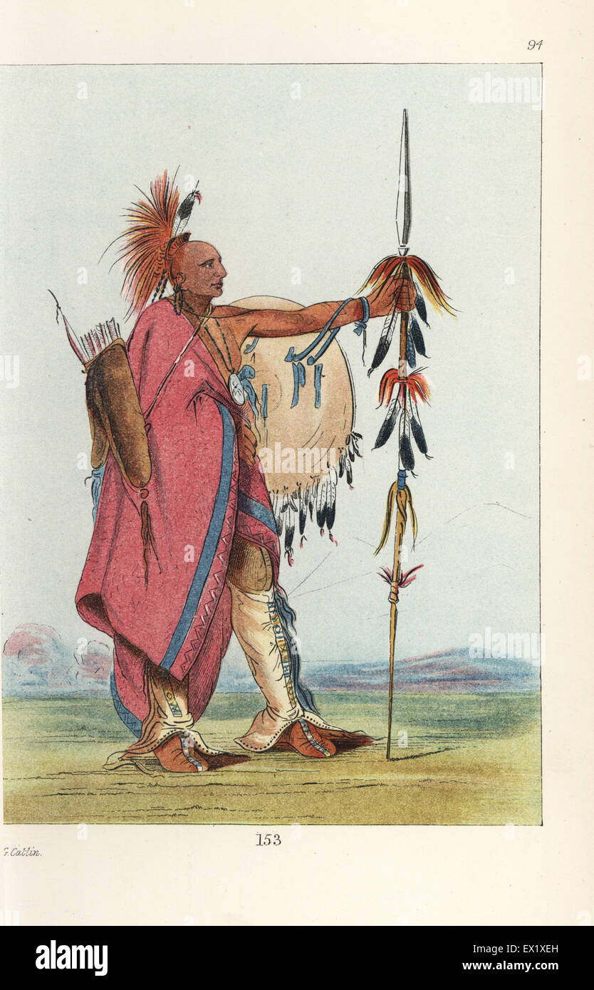 Warrior Tal-lee of the Osage nation. His head is shaved and adorned with a dyed-red deer hair crest. He carries a lance, quiver and shield, and wears leggings and moccasins fringed with scalps. Handcoloured lithograph from George Catlin's Manners, Customs and Condition of the North American Indians, London, 1841. Stock Photo