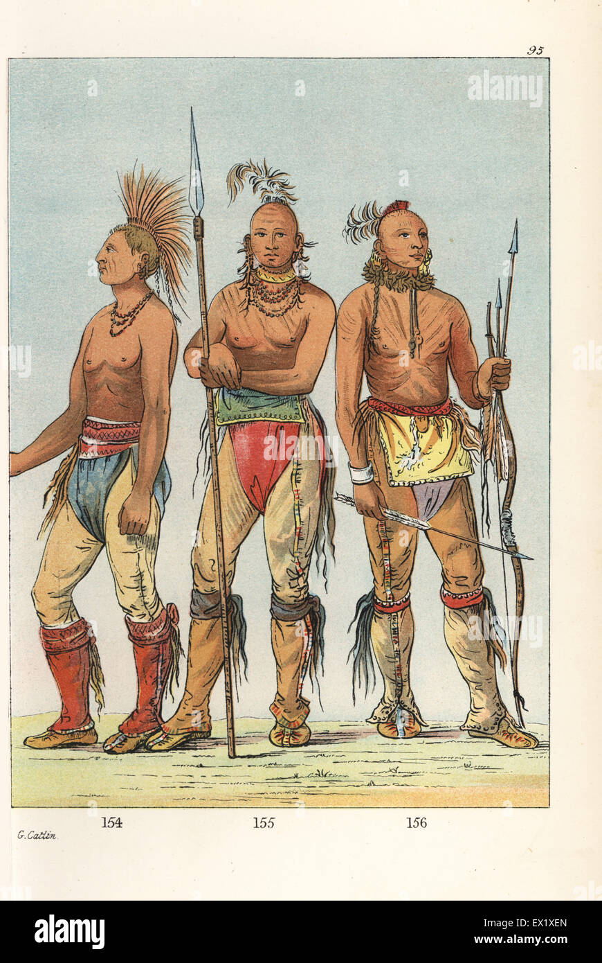 Young braves of the Osage nation: Ko-ha-tunk-a, Big Crow 154, Nah-com-e-shee, Man of the Bed 155, and Mun-ne-pus-kee, He Who is Not Afraid 156, in breech cloth, leggings and moccasins, garters decorated with beads and wampun. Handcoloured lithograph from George Catlin's Manners, Customs and Condition of the North American Indians, London, 1841. Stock Photo
